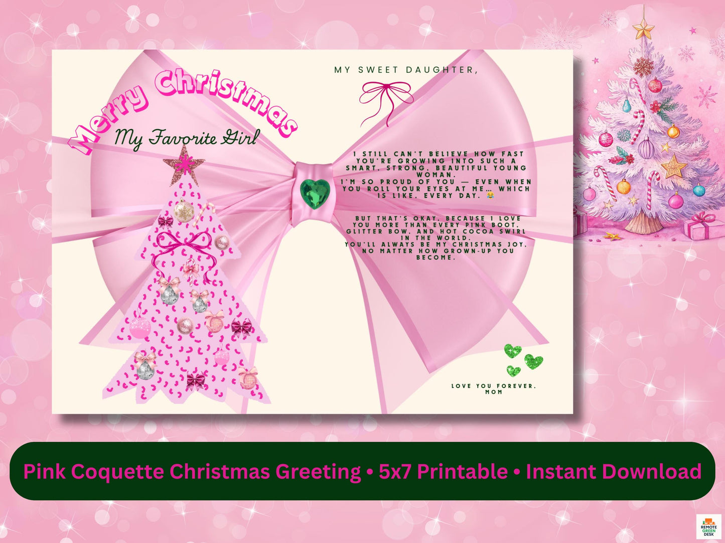 Pink Coquette Christmas Card for Daughter (5x7 Printable)