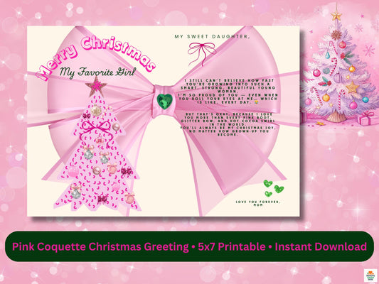 Pink Coquette Christmas Card for Daughter (5x7 Printable)