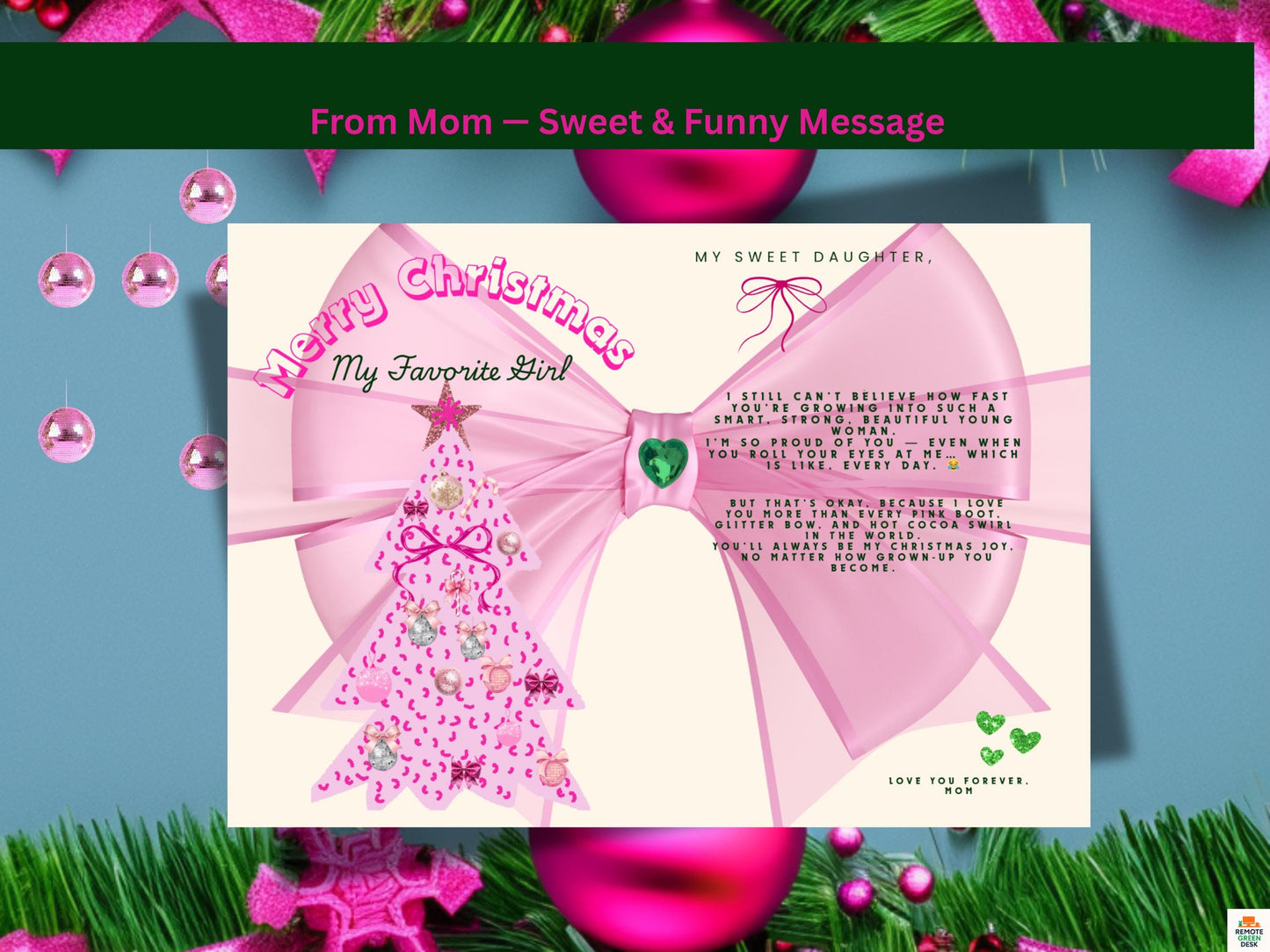 Pink Coquette Christmas Card for Daughter (5x7 Printable)