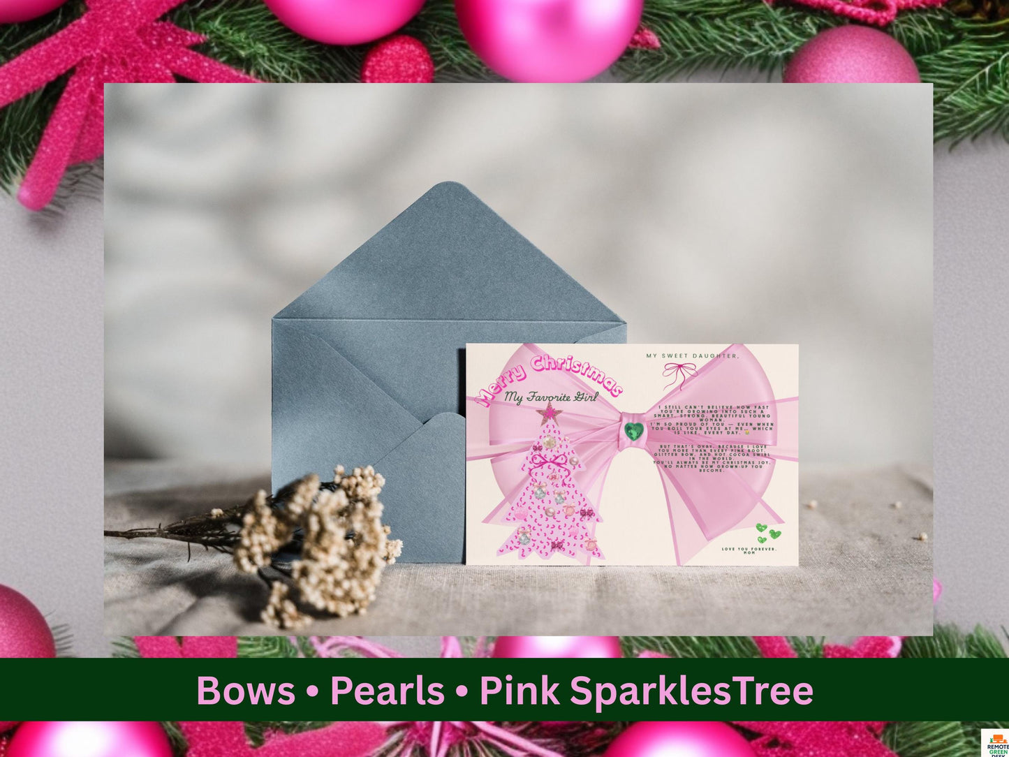Pink Coquette Christmas Card for Daughter (5x7 Printable)