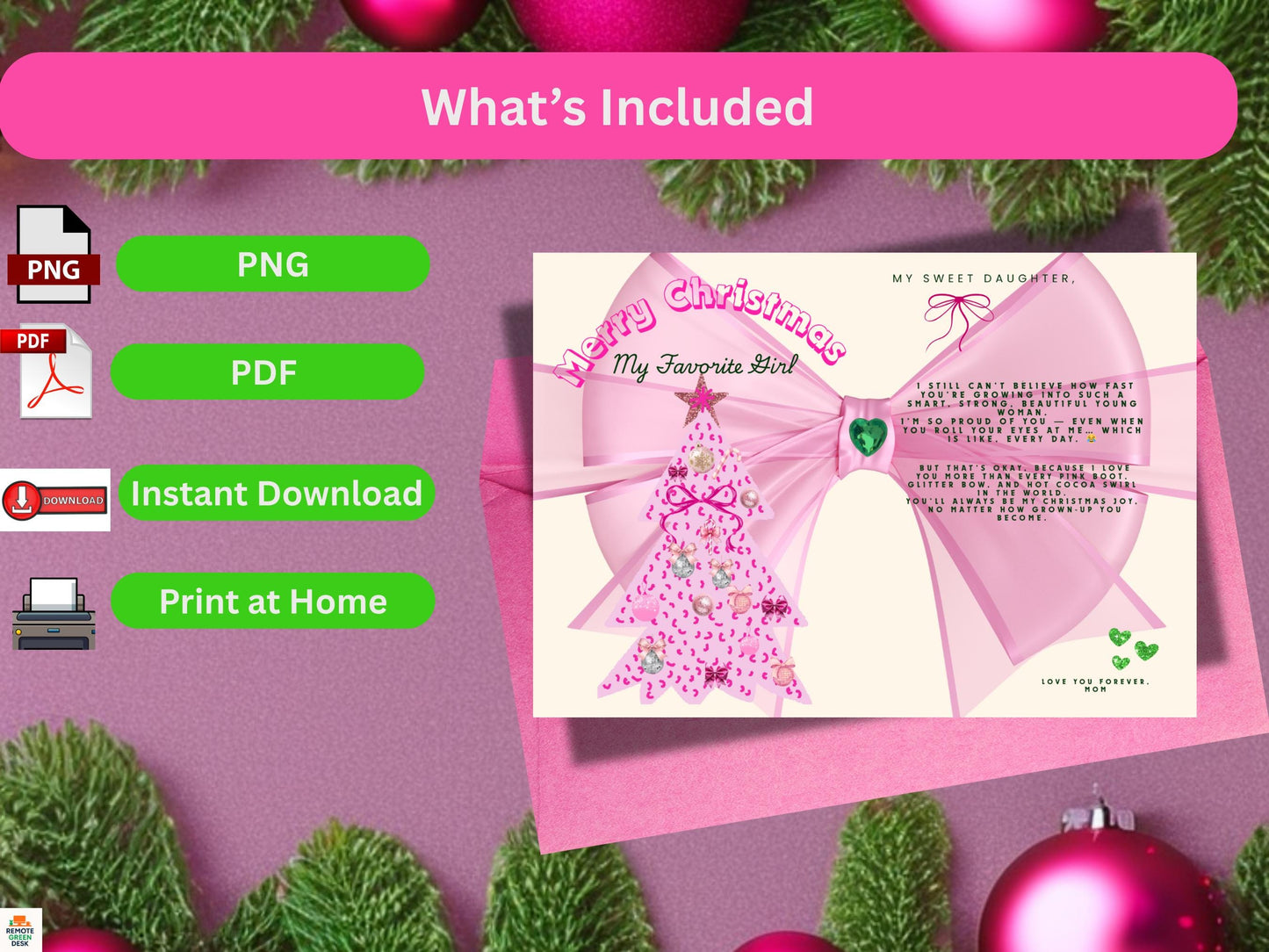 Pink Coquette Christmas Card for Daughter (5x7 Printable)
